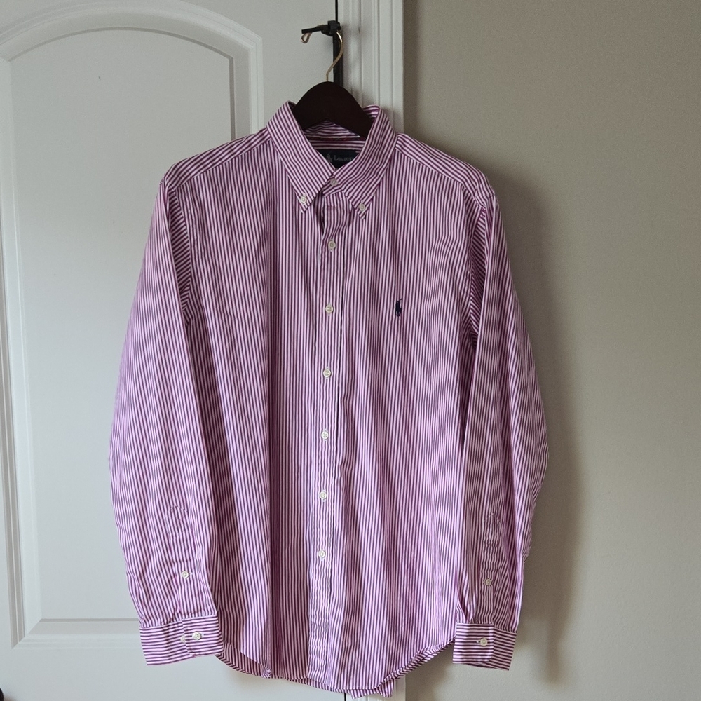 Ralph Lauren Red and White Casual Button Down Classic Fit Poplin Shirt Size L